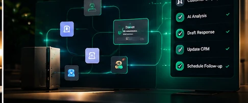 A monitor showing an automated workflow connecting a customer enquiry to AI analysis, a drafted response, a CRM update and a scheduled follow-up.