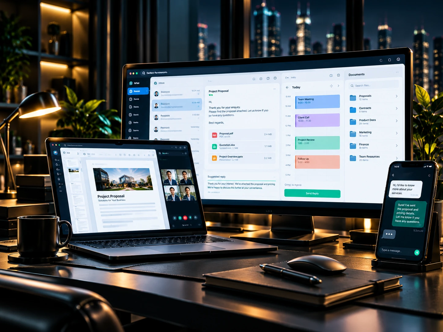 A premium business productivity environment showing email, documents, calendar and meetings working together with Google Workspace, Microsoft 365 and Adobe.