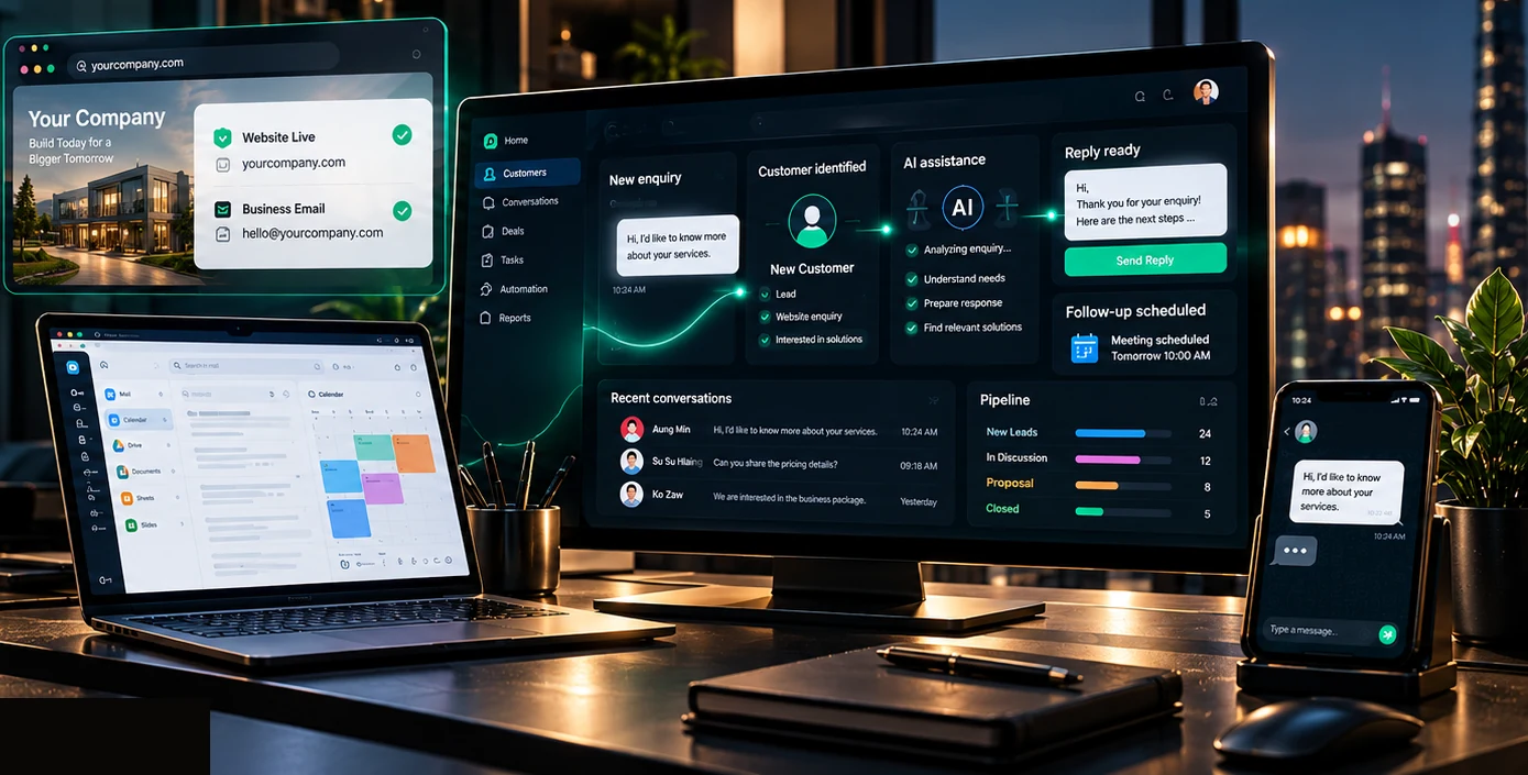 A connected business technology environment showing a premium monitor, laptop and phone with a website, business email, customer messaging and AI automation working together.